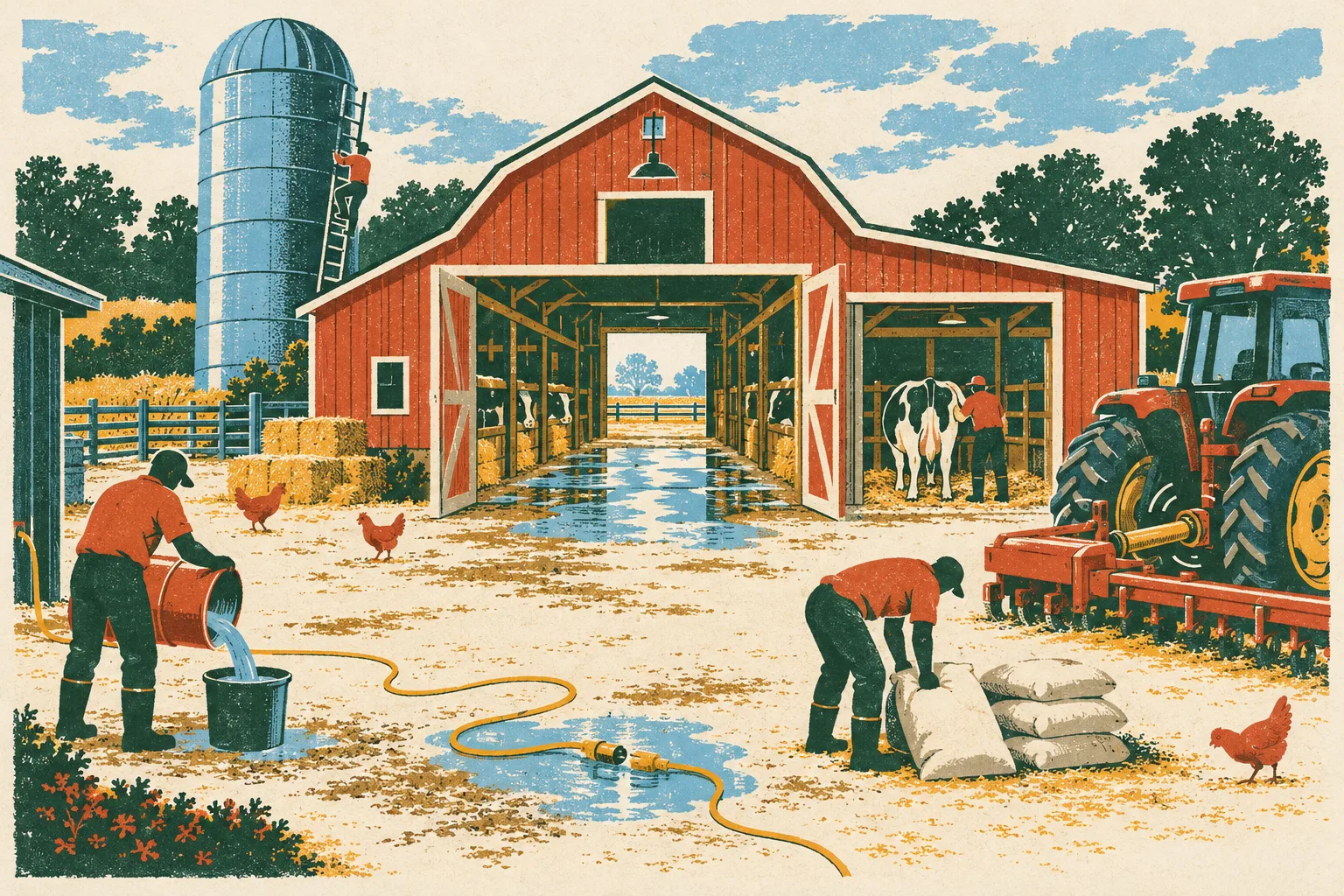 A busy farmyard with seven safety hazards to find