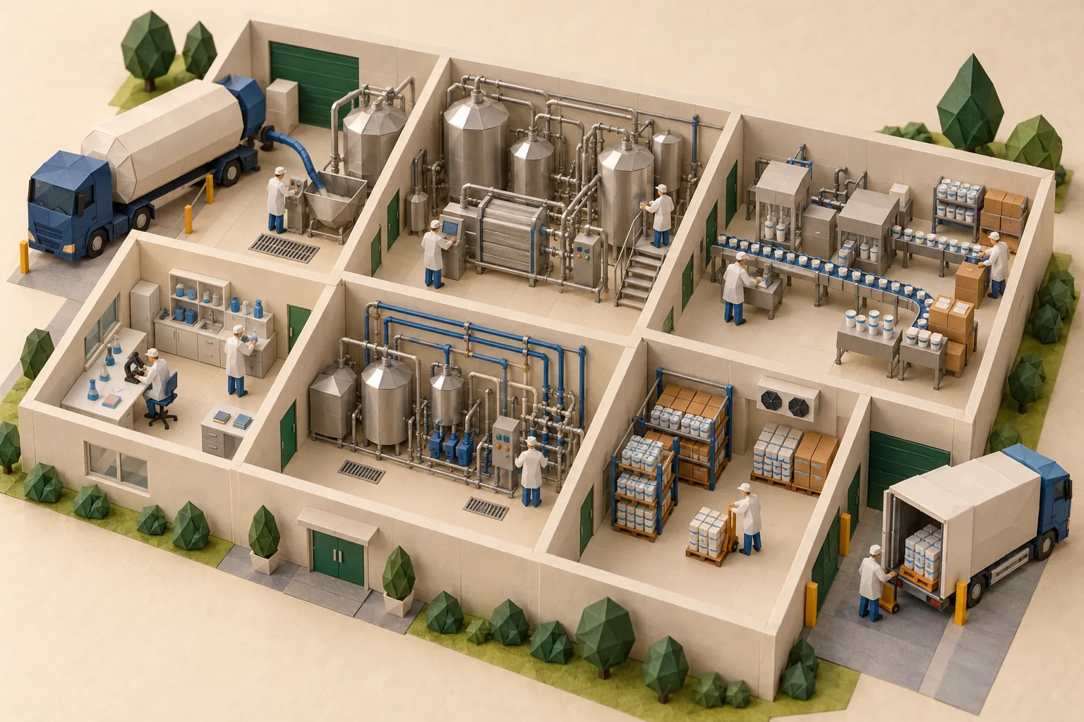 An origami cutaway of a small dairy processing plant