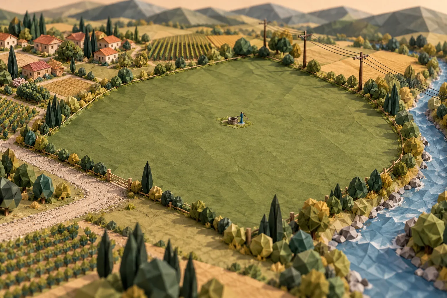An origami aerial view of an empty farm plot with a road, river, power line, well and neighbours