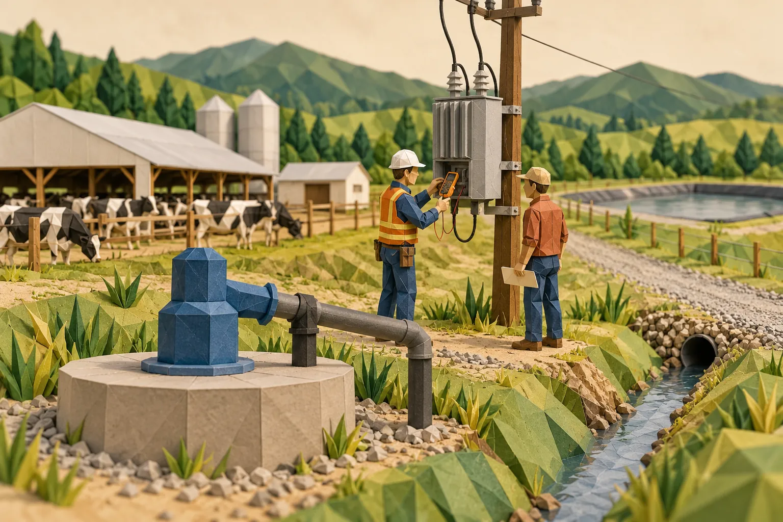 An engineer measuring at a transformer on a rural dairy site