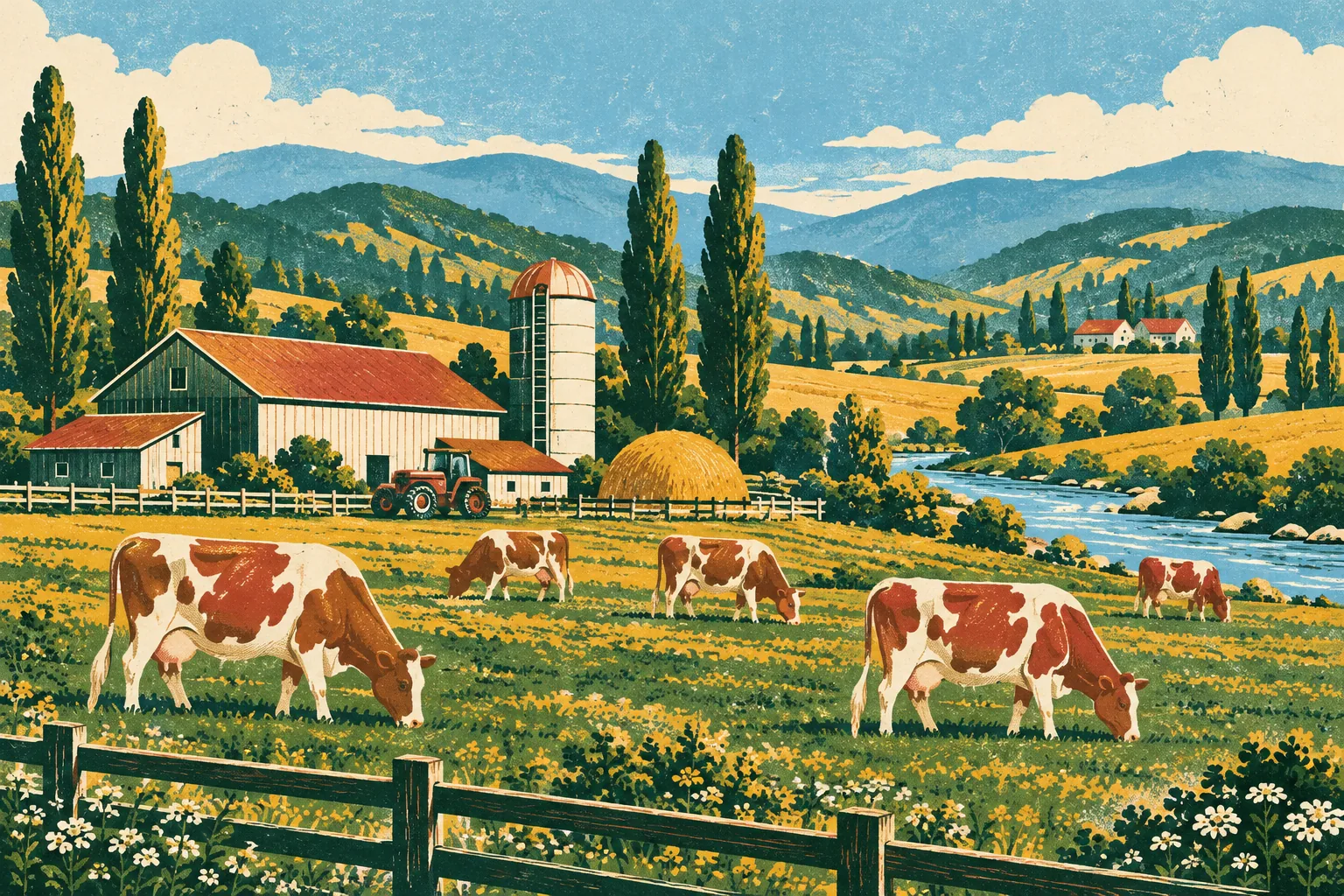 A cutaway of a modern ventilated dairy barn, illustrated as a vintage poster
