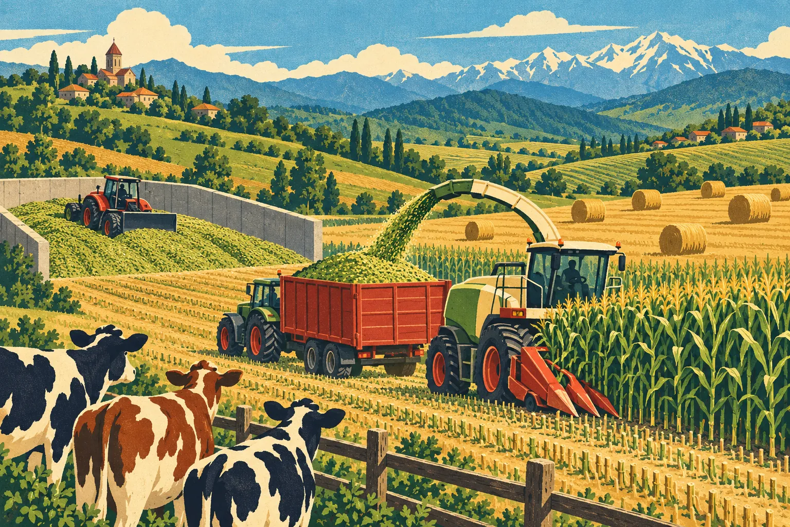 A maize harvest for dairy feed, illustrated as a vintage poster