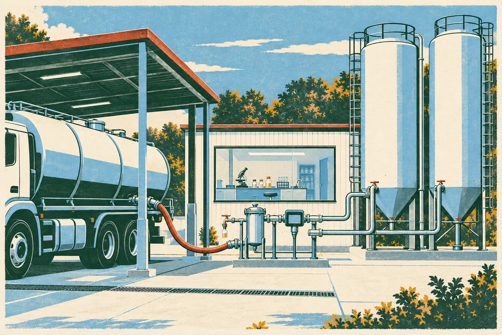 A milk tanker unloading through a hose, filter, flow meter and sampling tap into two raw-milk silos, with a small laboratory behind