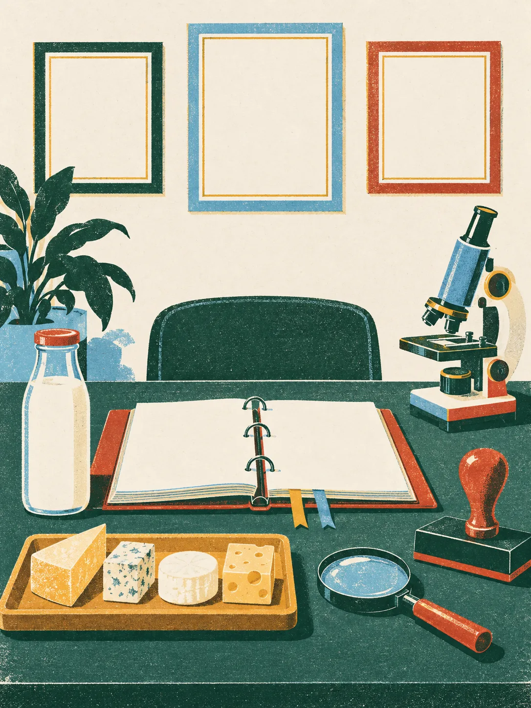 An inspection desk with a rubber stamp, documents and a microscope