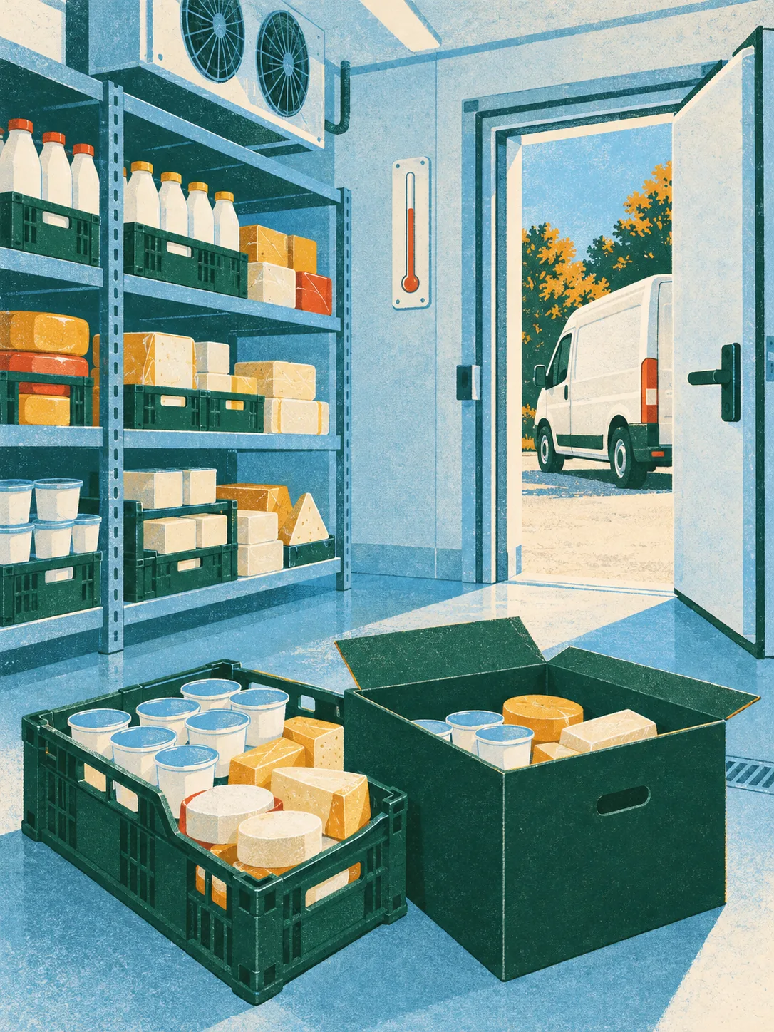 A cold room shelf with crates of dairy and a donation box being packed