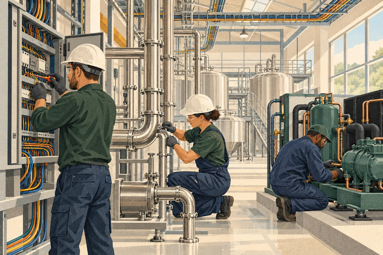Electricians, plumbers and refrigeration technicians installing a dairy plant