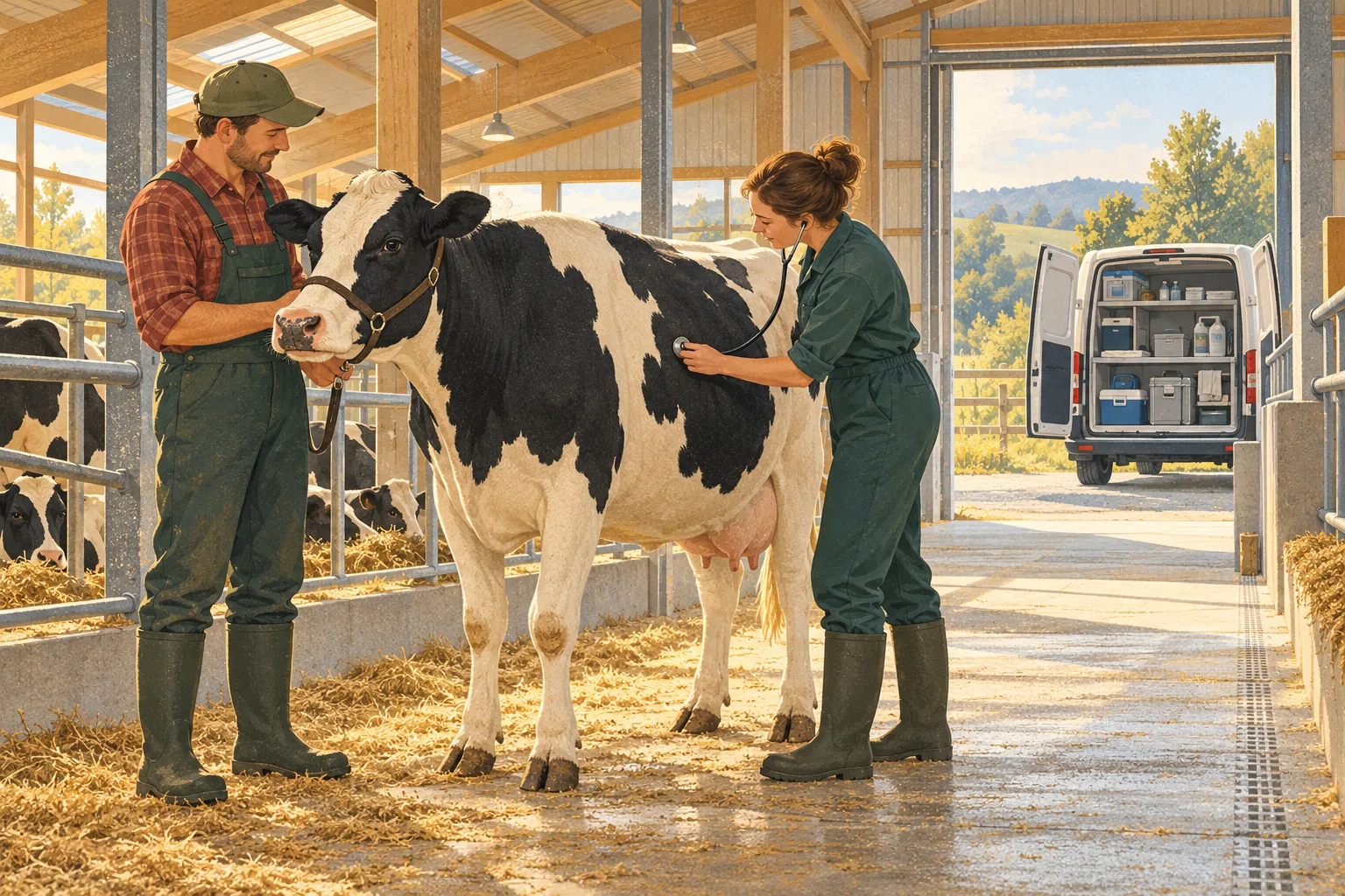 A veterinarian examining a cow in a modern barn