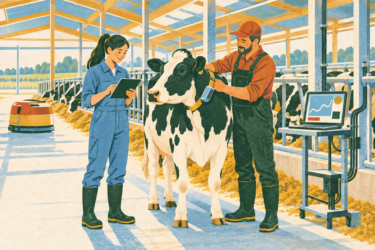 An engineer and a farmer testing a sensor collar on a cow