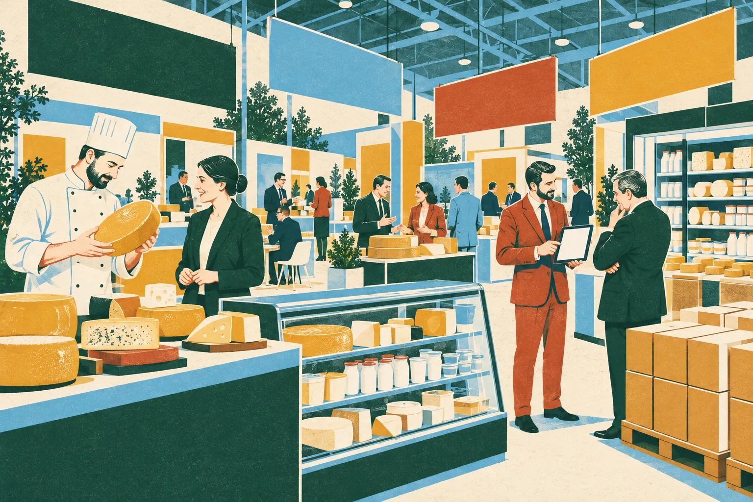 Buyers and sellers negotiating at a dairy trade hall