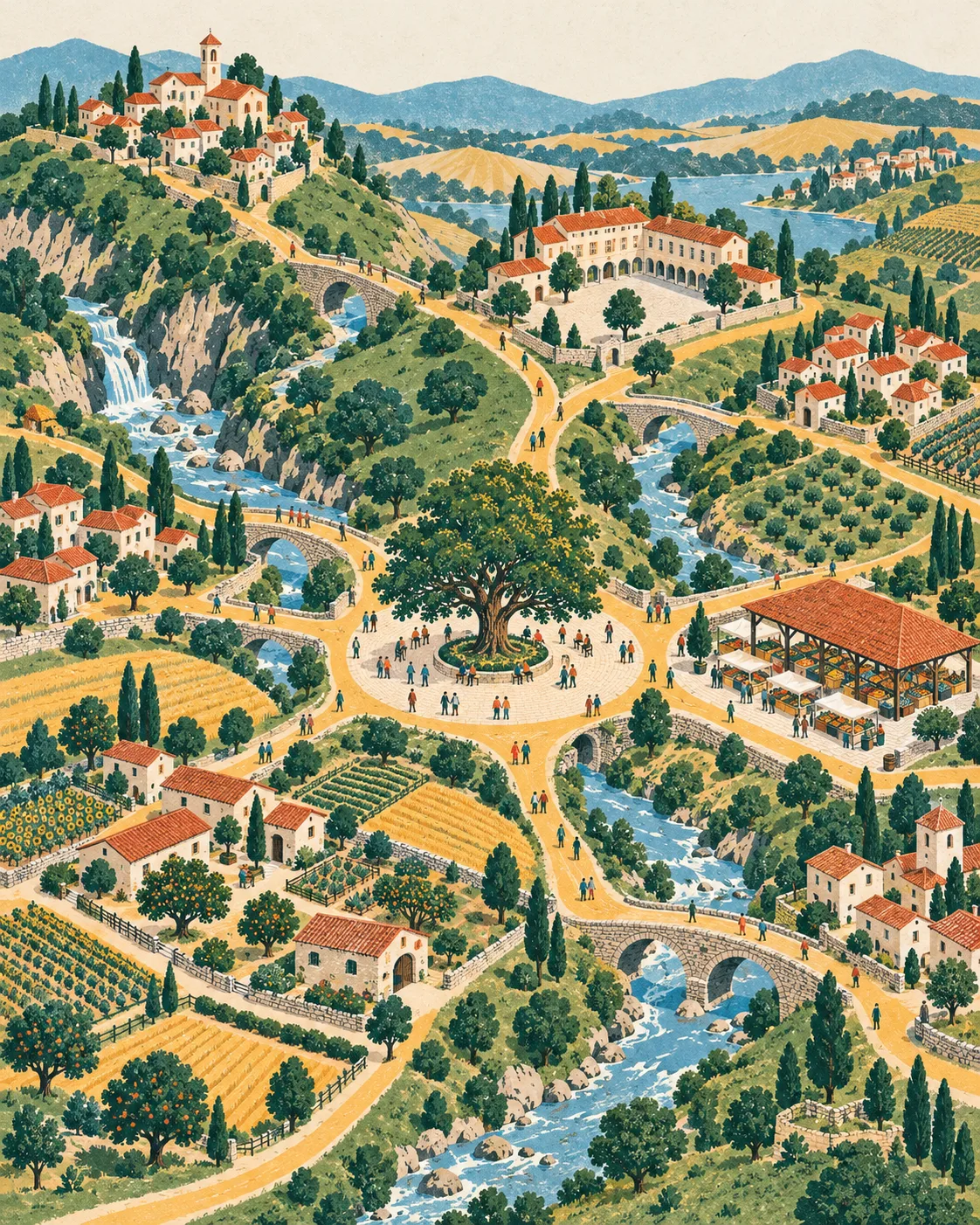 Villages joined by bridges and roads