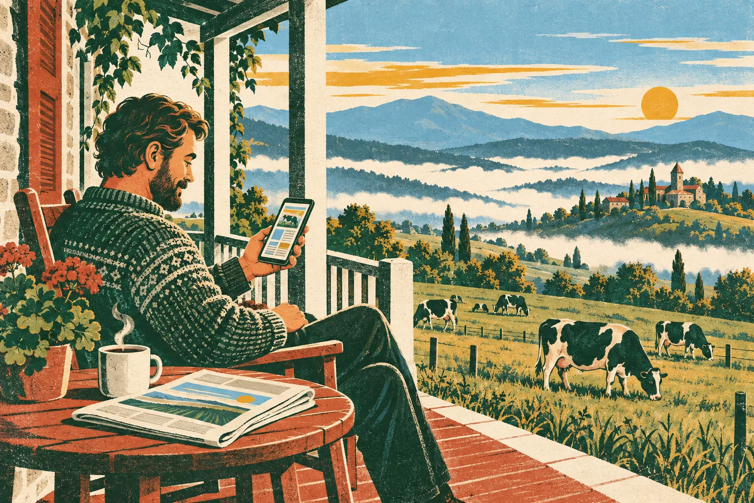 A farmer reading a dairy newsletter on a phone at sunrise