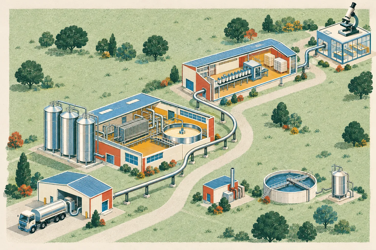 An isometric dairy processing complex: reception, processing, packaging and a quality laboratory joined by one milk pipe, with utilities, a wastewater tank and a cleaning tank.
