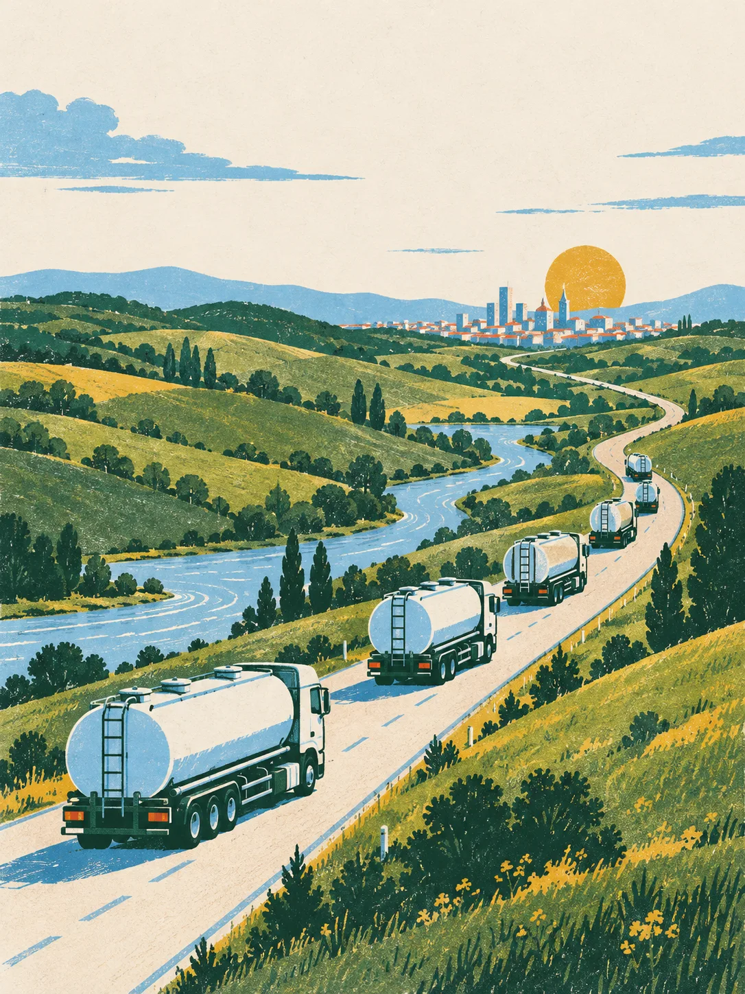 A convoy of milk tankers driving toward a city at sunrise