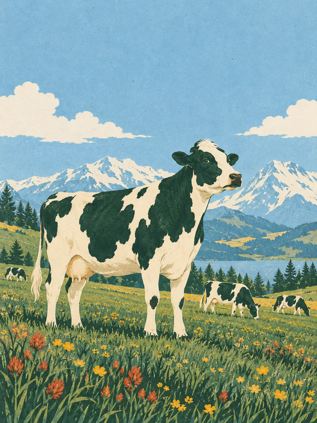 A dairy cow standing in a green meadow with mountains behind