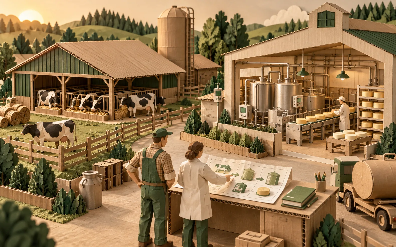 Cardboard maquette of a dairy farm and processing business being modernized