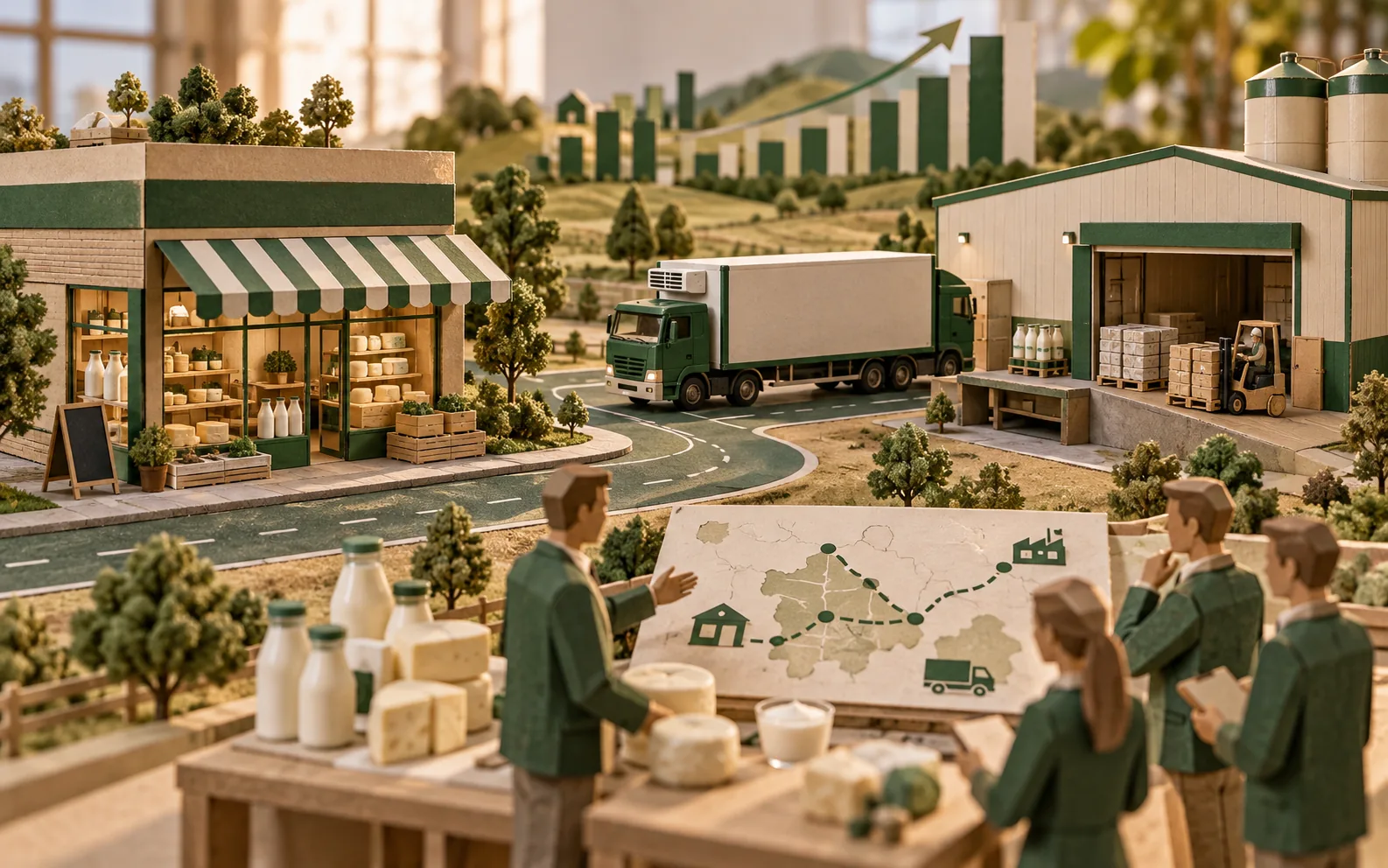 Cardboard maquette of dairy markets, cold chain and distribution