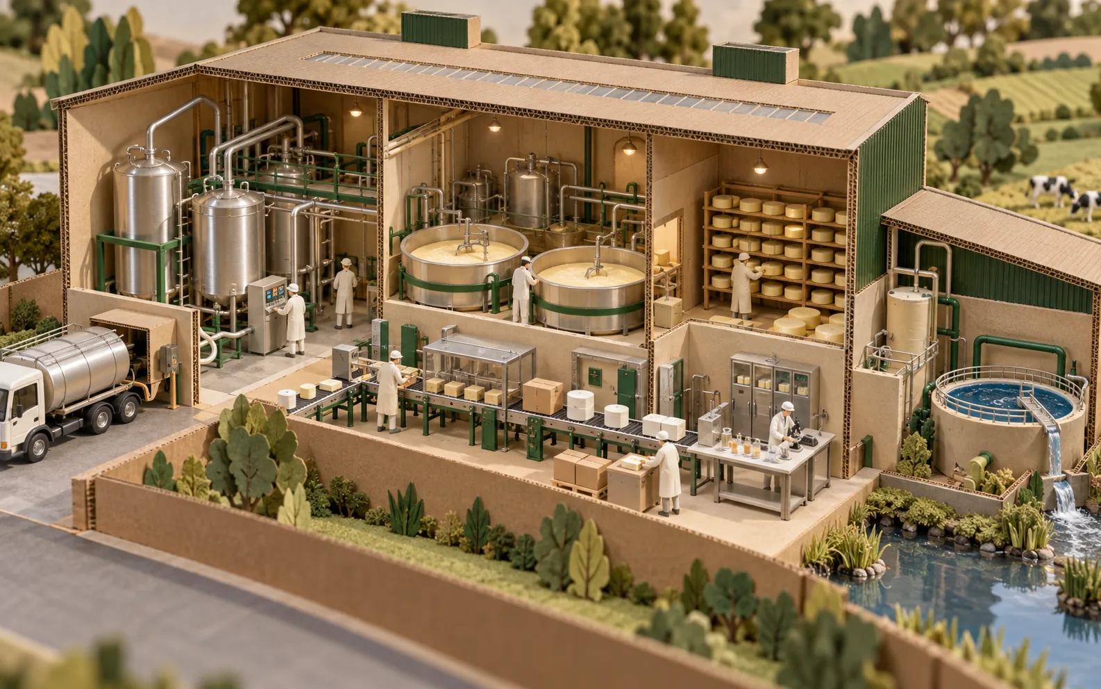 Cardboard maquette of dairy processing, quality and water systems