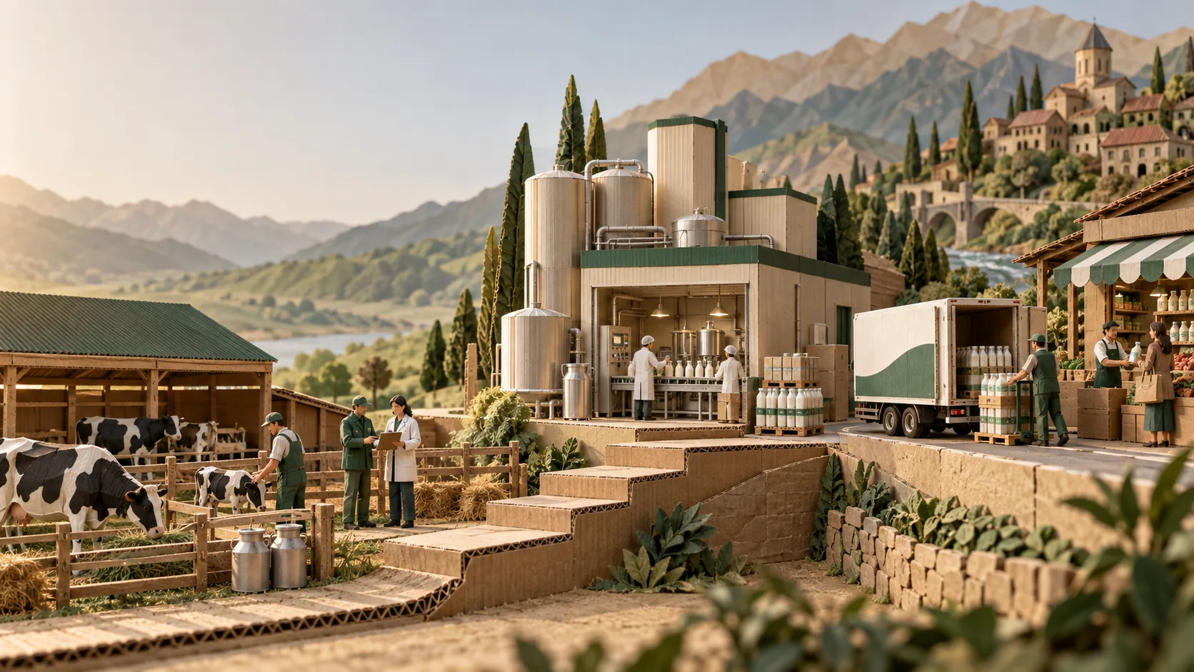 Cardboard maquette connecting a dairy farm, processing plant, cold chain and market