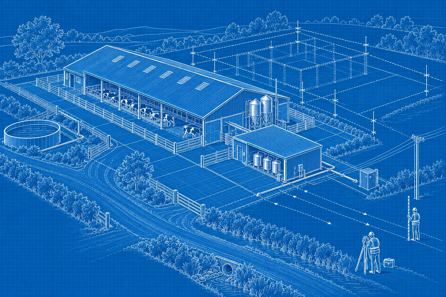 Blueprint site survey showing an existing dairy barn, milk building, utilities and planned expansion area
