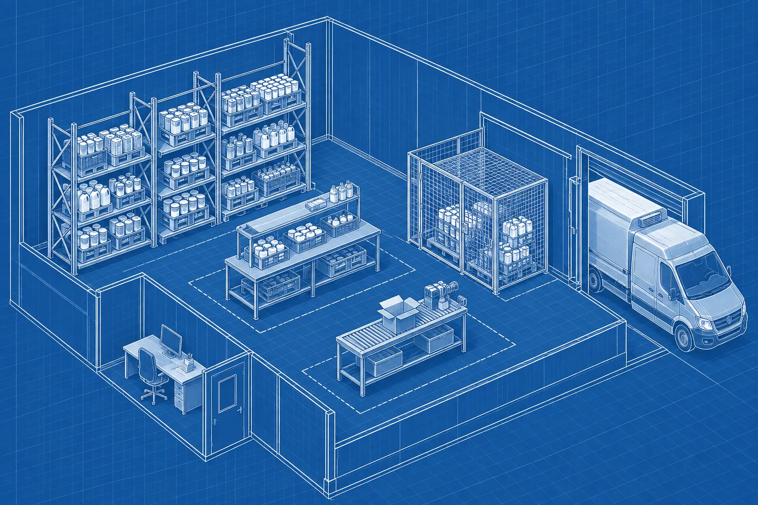 E-Commerce Dairy System Design — blue axonometric engineering blueprint