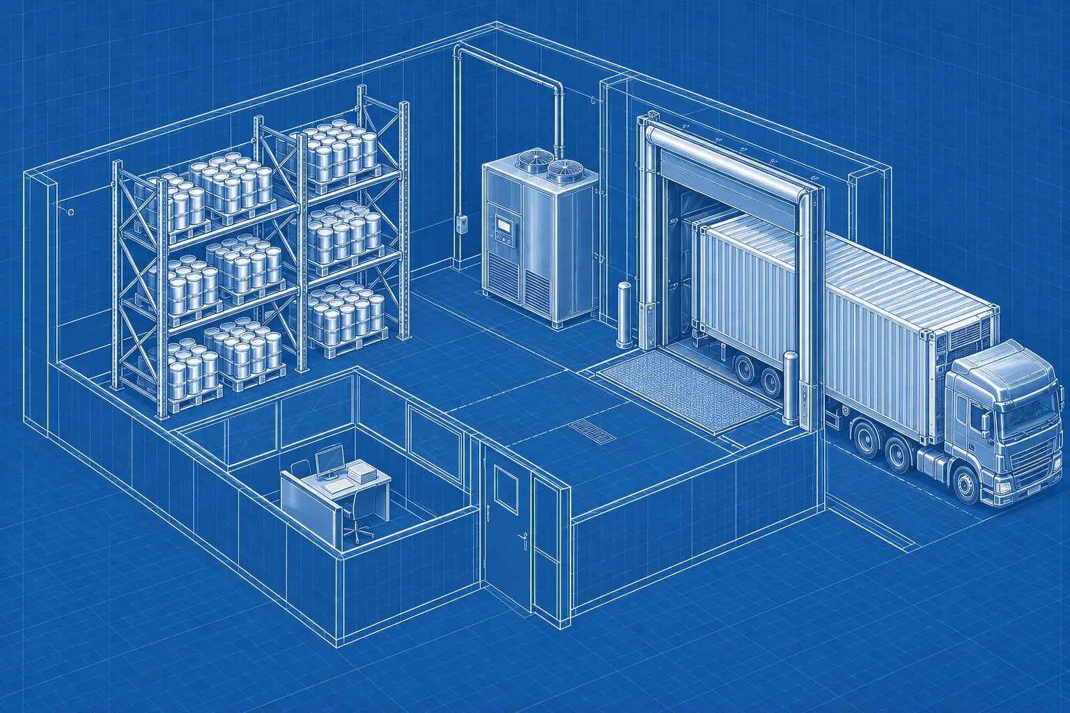 Dairy Export System Design — blue axonometric engineering blueprint