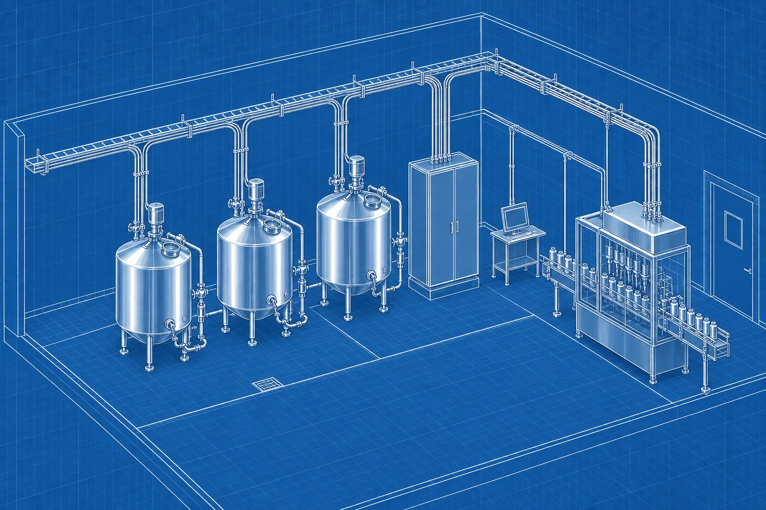 Plant-Wide Automation Architecture — blue axonometric engineering blueprint