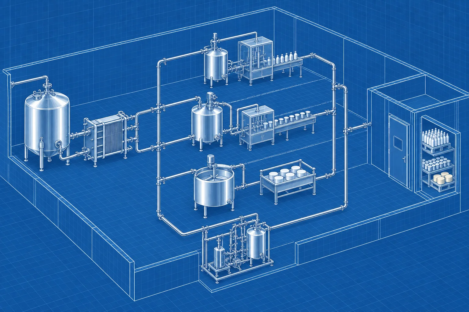 Multi-Product Dairy Plant Design — blue axonometric engineering blueprint