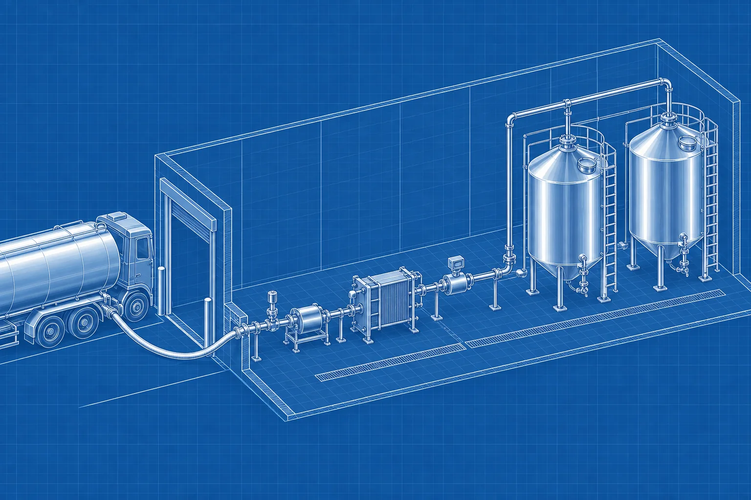 Raw Milk Reception System Design — blue axonometric engineering blueprint