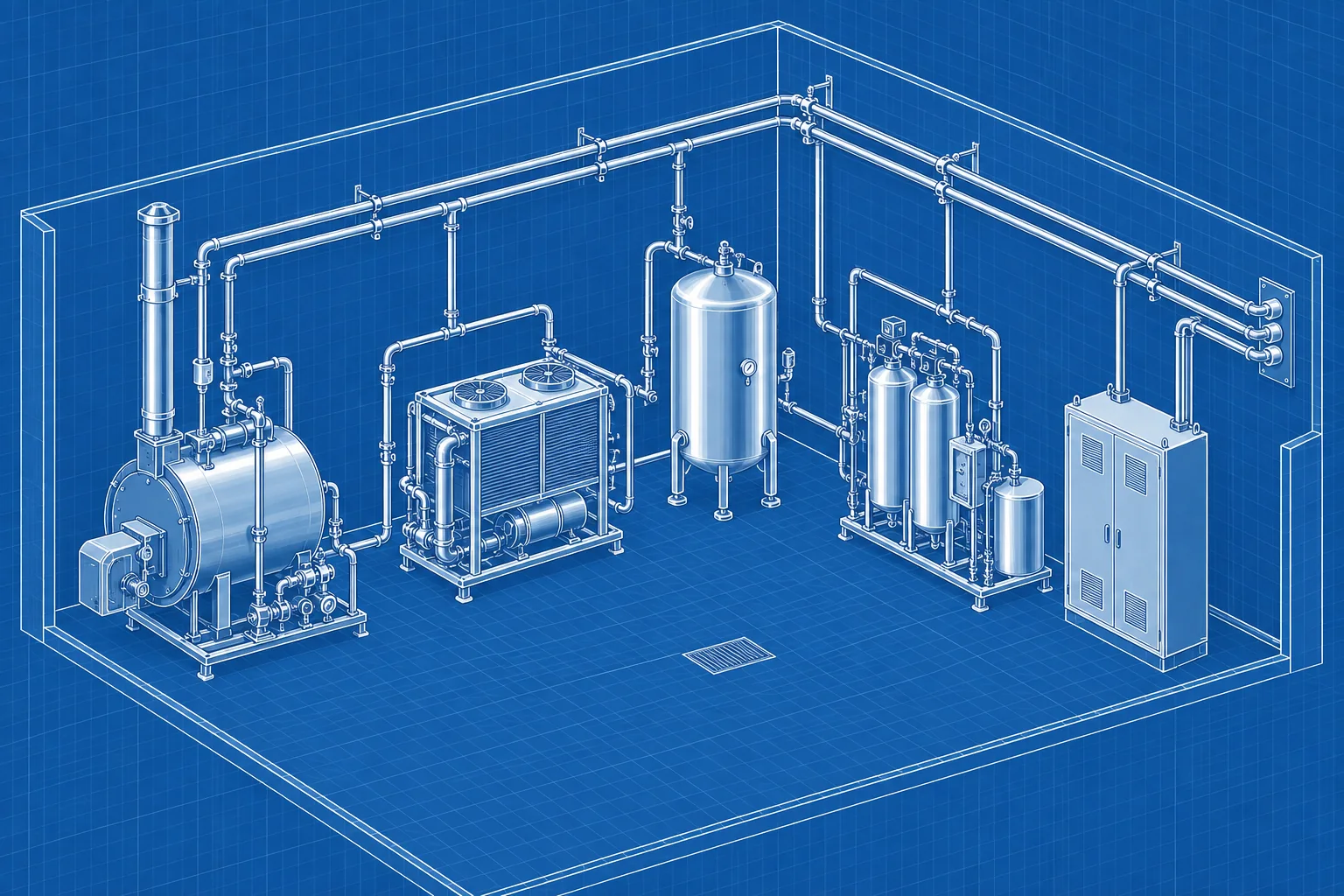 Dairy Factory Utilities Design — blue axonometric engineering blueprint