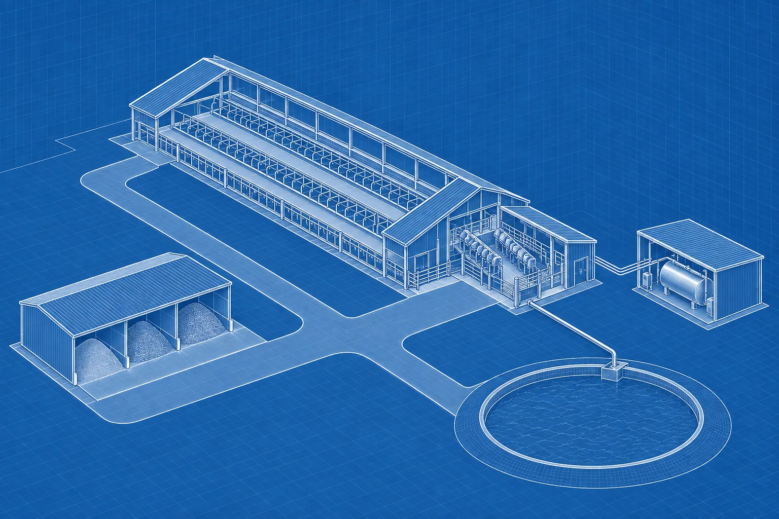 Dairy Farm Design — blue axonometric engineering blueprint