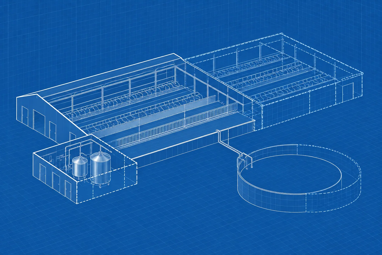 Farm Expansion Design — blue axonometric engineering blueprint