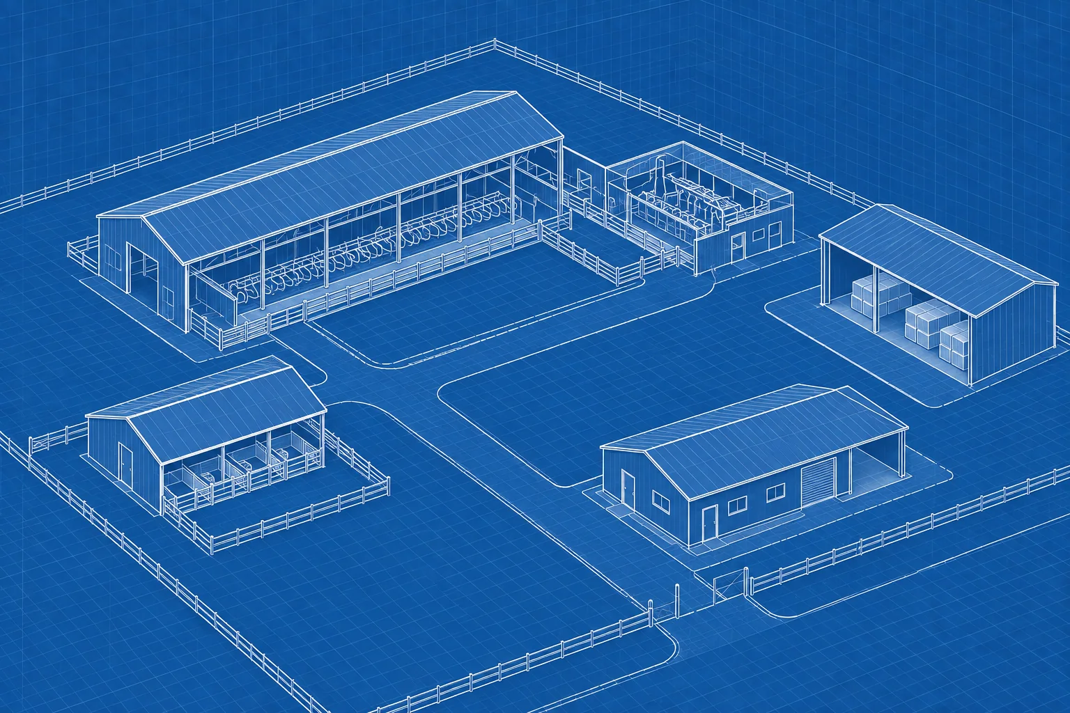 Dairy Farm Facilities Design — blue axonometric engineering blueprint