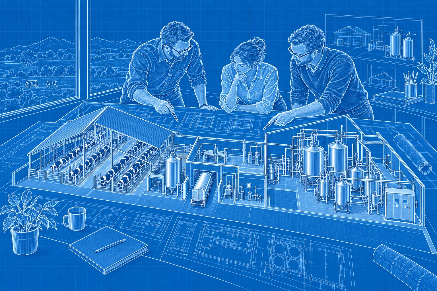Blueprint of dairy engineers coordinating a barn, processing plant and utility design