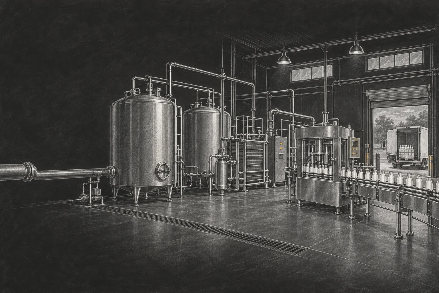 Illustrative chalkboard study of milking, processing and refrigerated delivery equipment