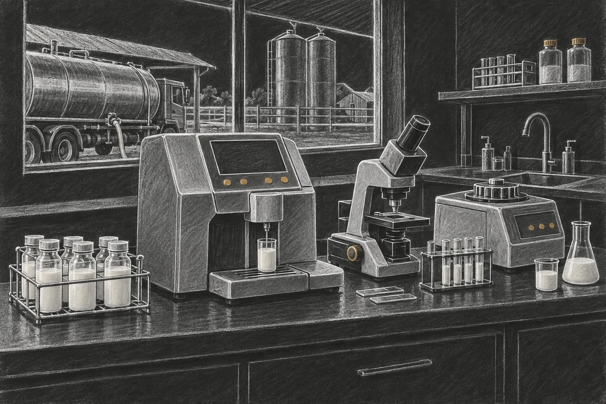 Chalkboard illustration of Raw Milk Quality Testing Equipment