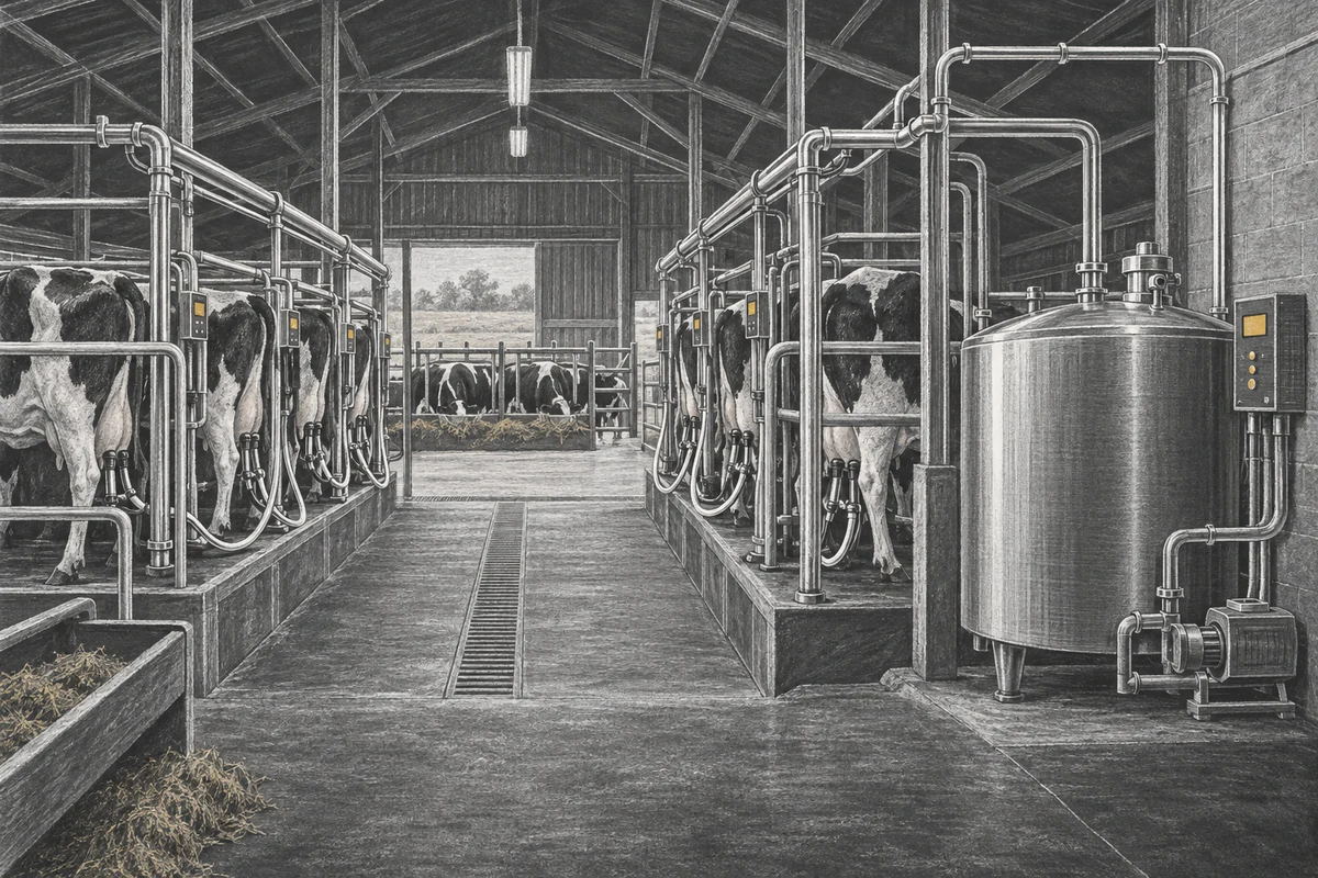 Chalkboard illustration of Dairy Farm Equipment