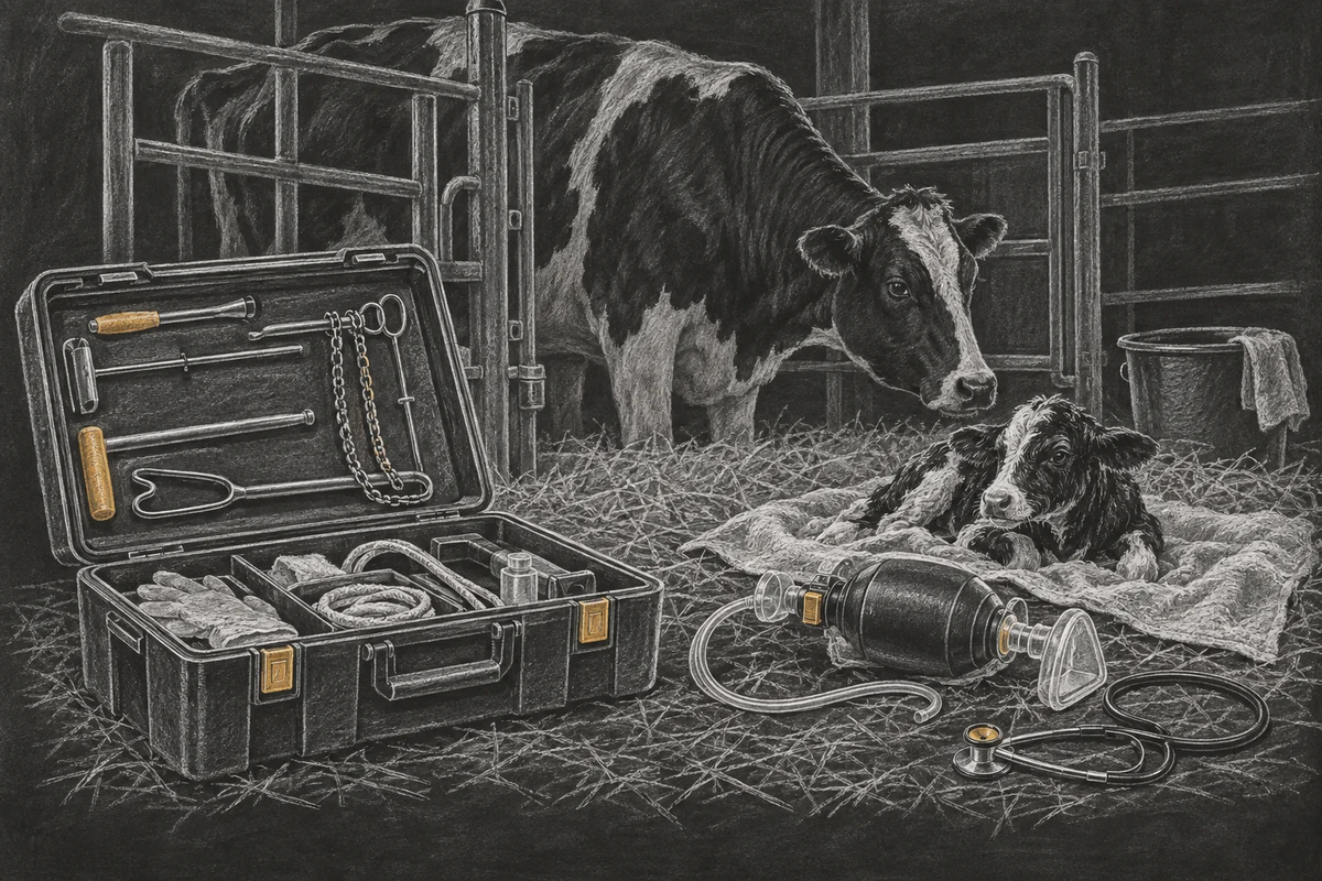 Chalkboard illustration of Calving Veterinary Equipment