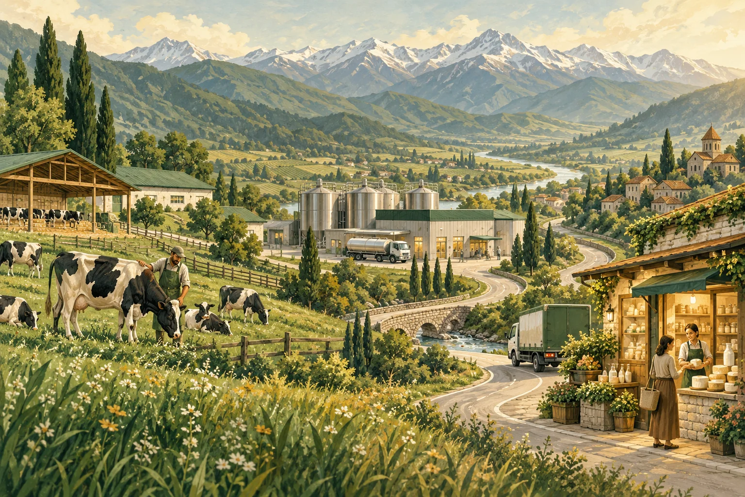Illustrated Georgian valley connecting a dairy farm, milk-processing facility and village market.