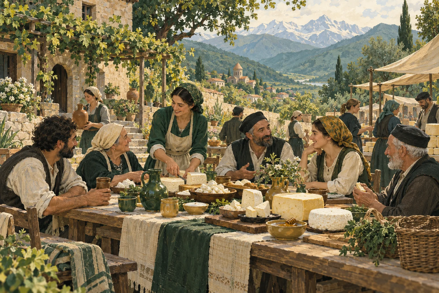 People sharing cheese and conversation around a long table in a Georgian village courtyard.