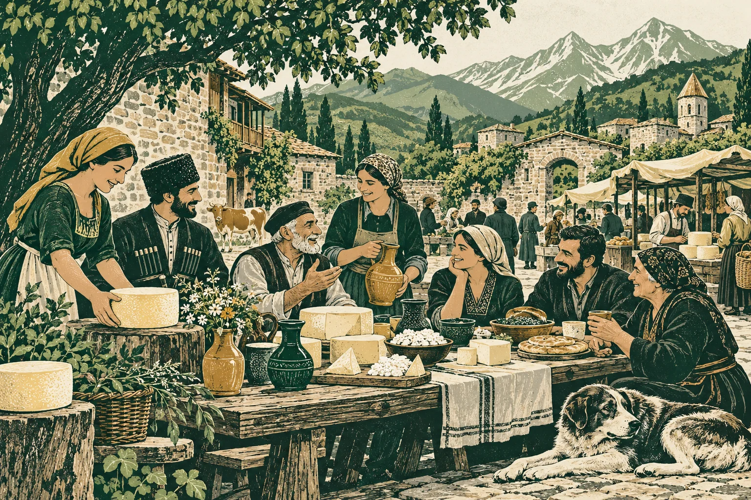 ადამიანები, რომლებიც საუბრობენ და ყველს აგემოვნებენ გრძელ მაგიდასთან ქართული სოფლის ეზოში.