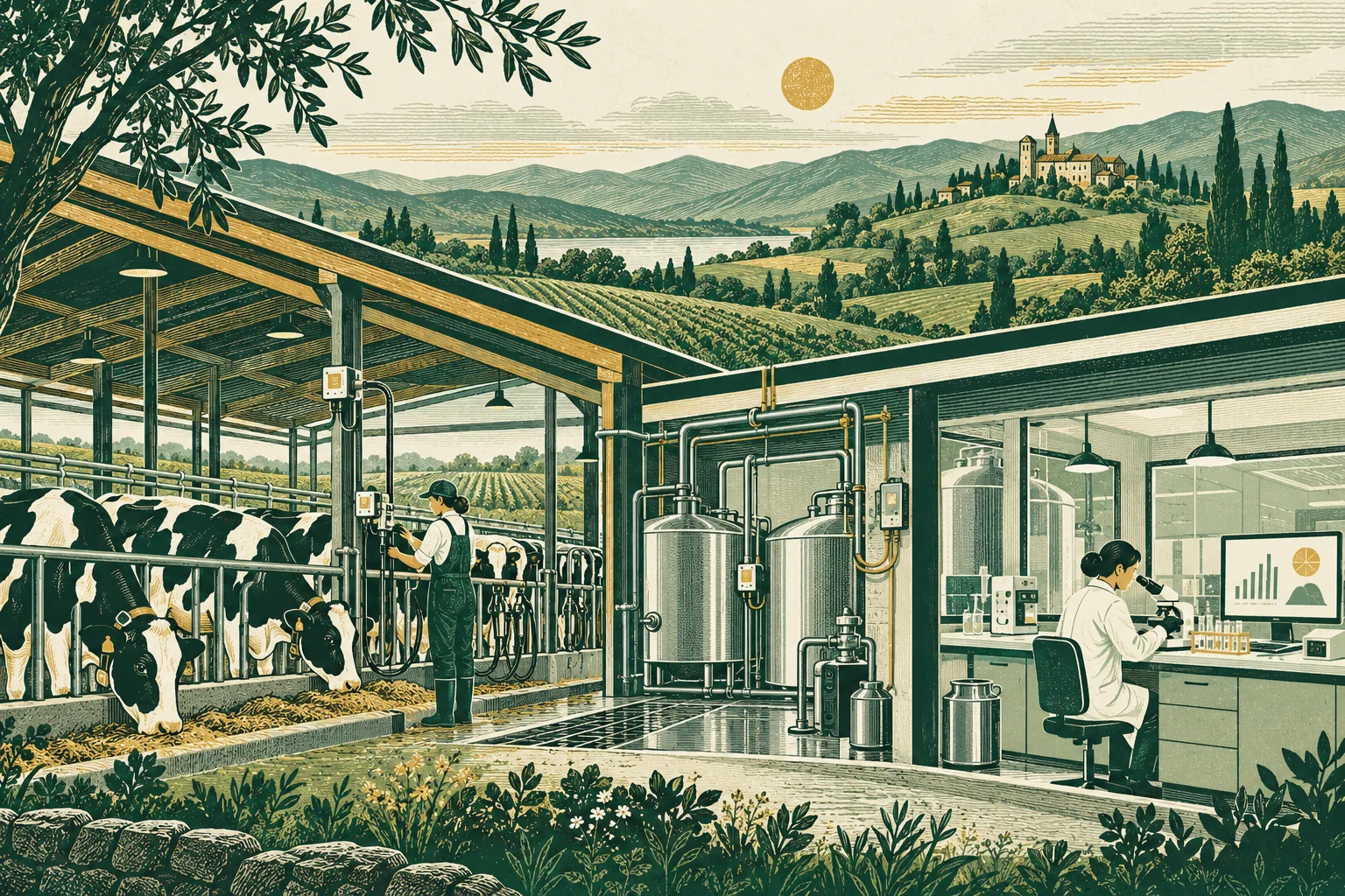 A cutaway dairy farm and laboratory with cooling tanks, sensors and a technician.