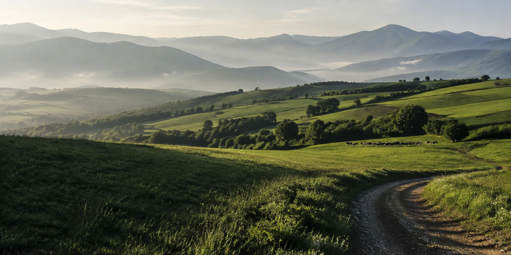 Illustrative countryside inspired by Georgia’s Caucasus foothills and dairy pastures