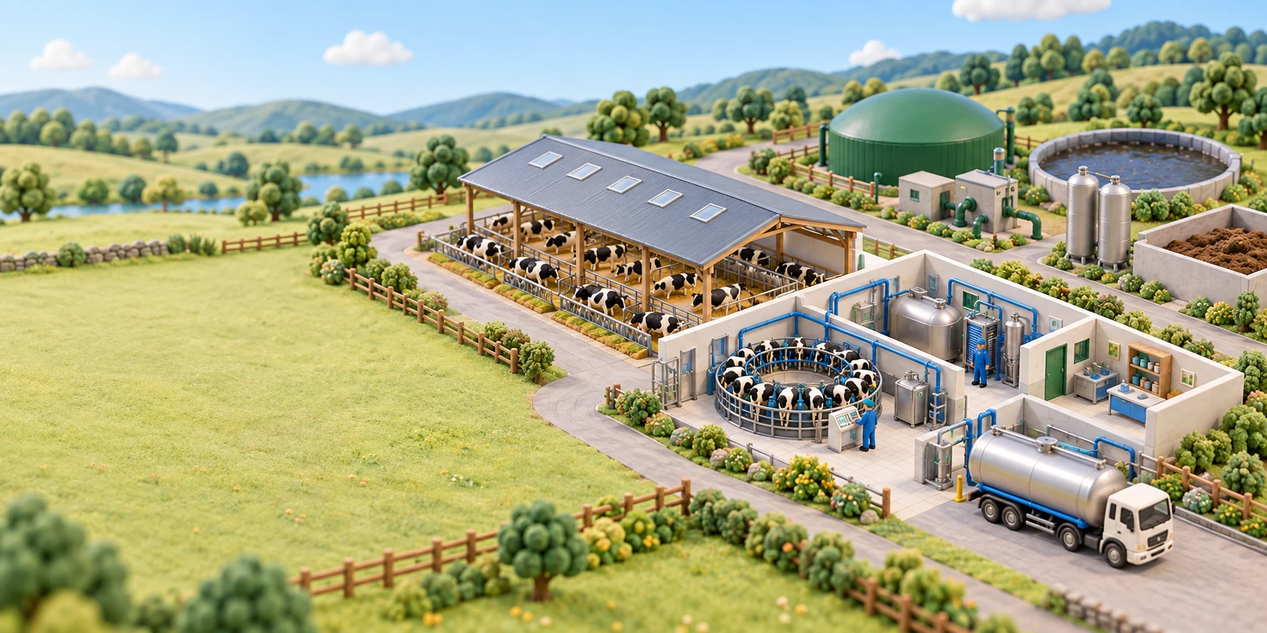Handmade clay miniature of a connected dairy production campus