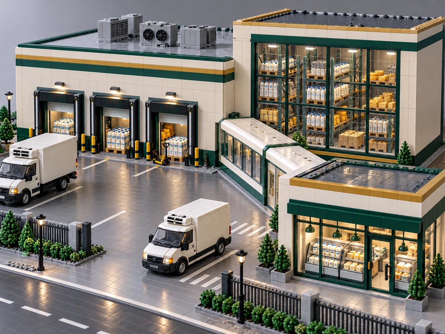 LEGO-style cold-chain miniature with a refrigerated warehouse, delivery bays, retail display and delivery vehicles.