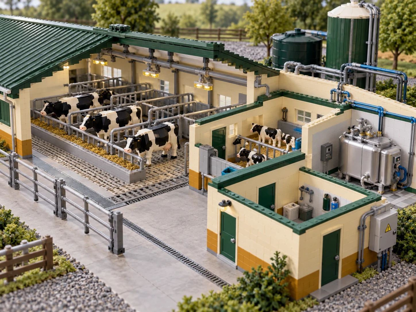 LEGO-style dairy barn miniature with fixed animal housing, milk room and utility infrastructure.