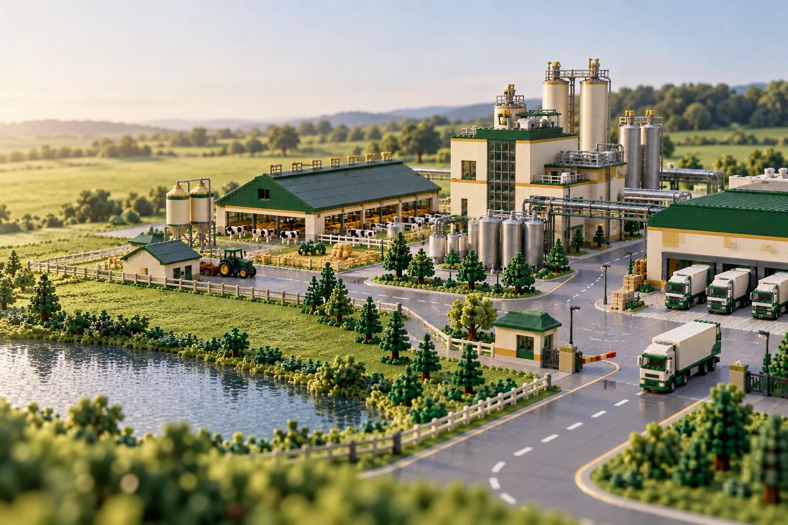 LEGO-style dairy infrastructure diorama connecting a farm, dairy factory, cold storage, distribution and retail.
