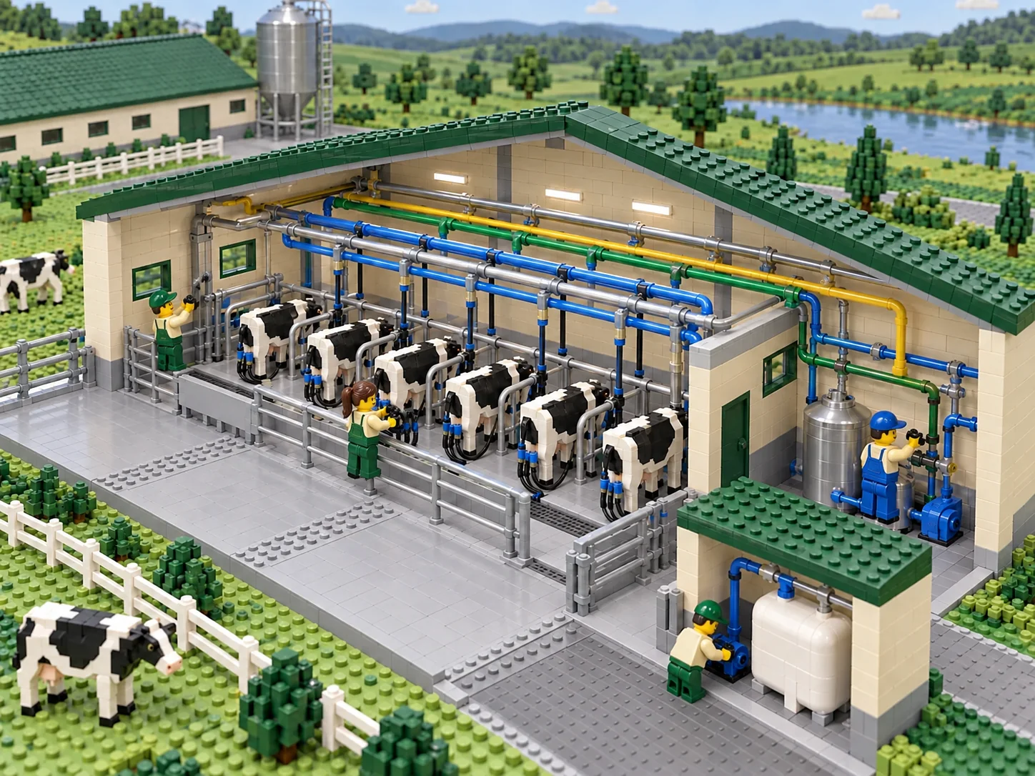 LEGO-style brick-built miniature illustrating Milking Pipeline Infrastructure.