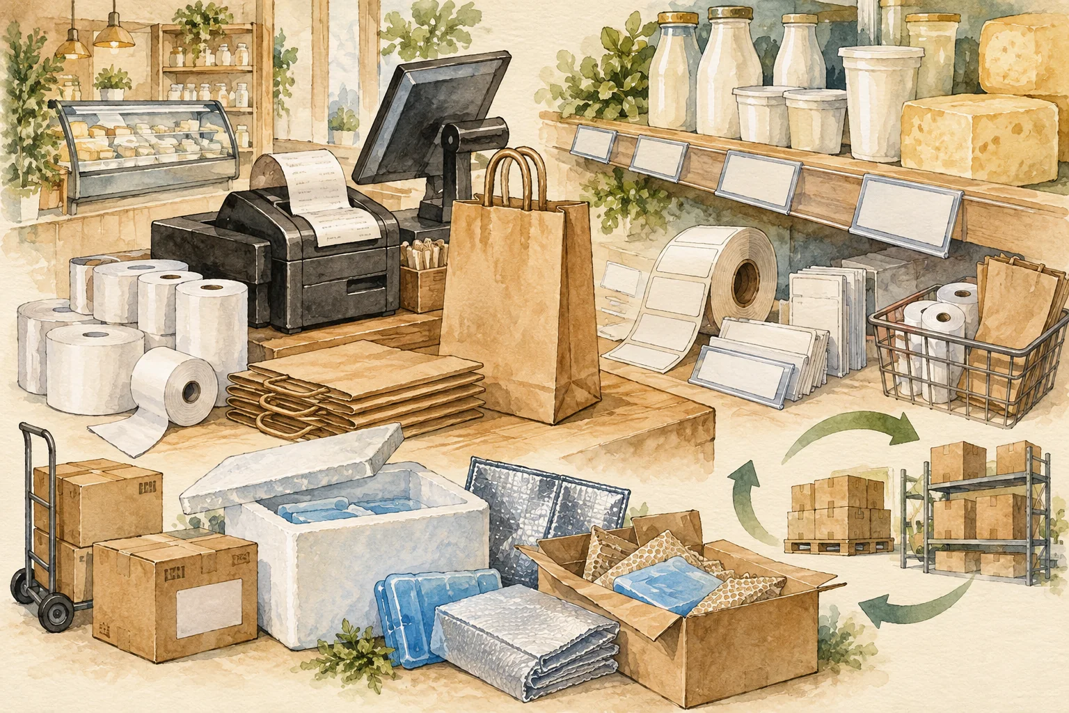 Watercolor illustration of retail channel consumables.