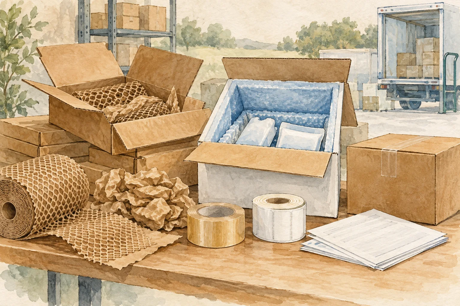 Watercolor illustration of e-commerce fulfillment materials.