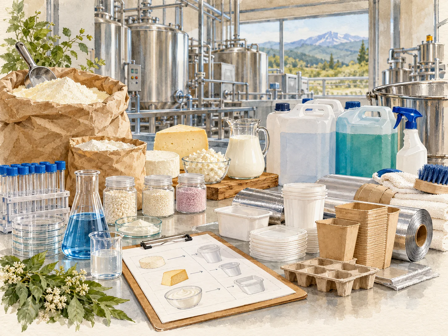 Watercolor illustration of dairy factory startup inputs.
